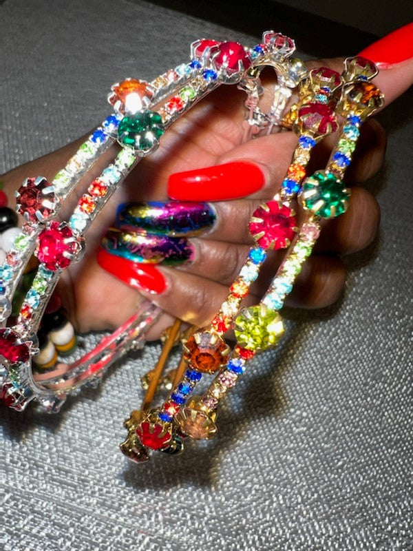 Colorful Rhinestone Hoop Earrings (Silver)